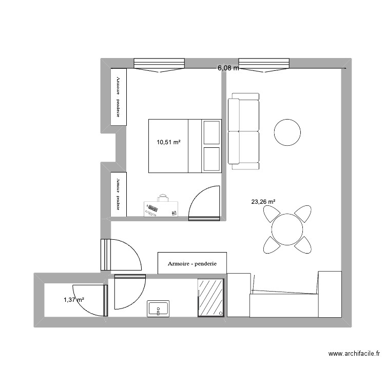 RECAMIER 2. Plan de 3 pièces et 35 m2