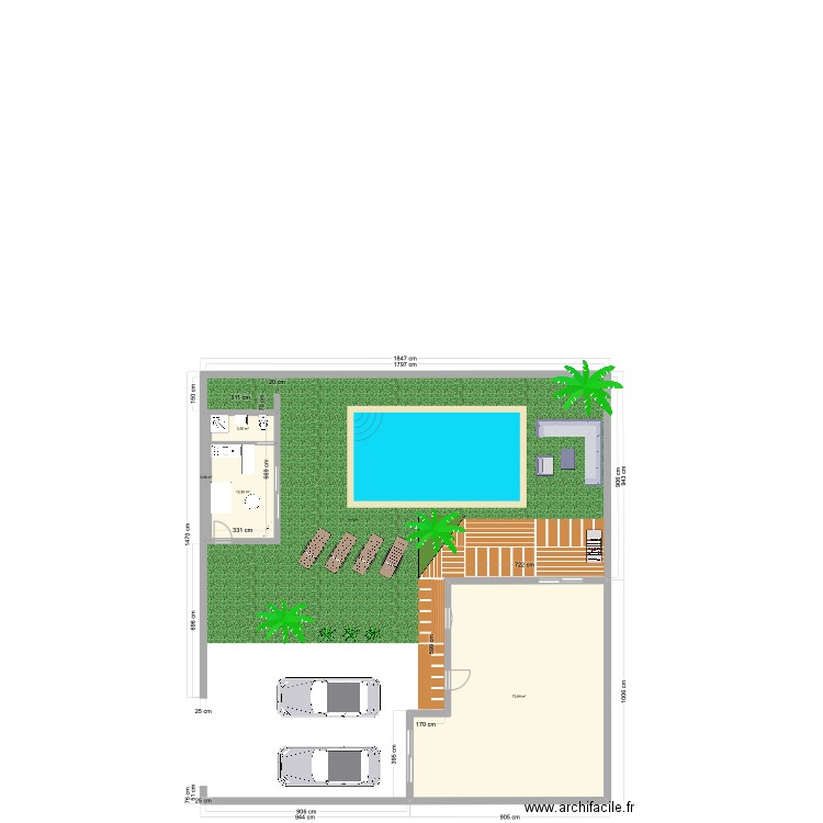 2eme essai aménagement extérieur. Plan de 4 pièces et 90 m2