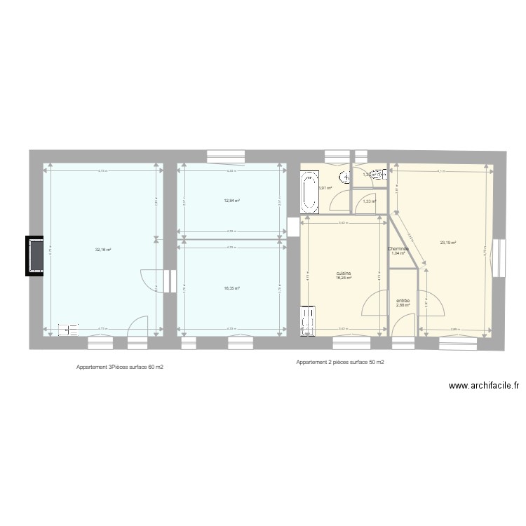 asse appartements. Plan de 10 pièces et 111 m2