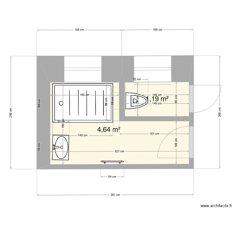 SdB normandie. Plan de 2 pièces et 6 m2