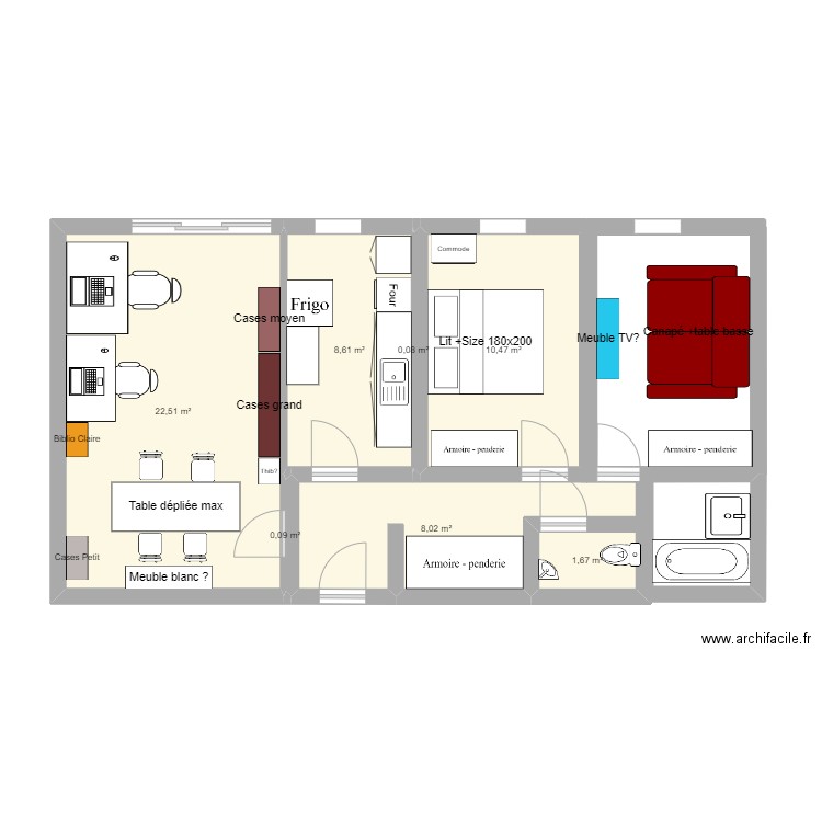 Appt meublé2. Plan de 7 pièces et 51 m2