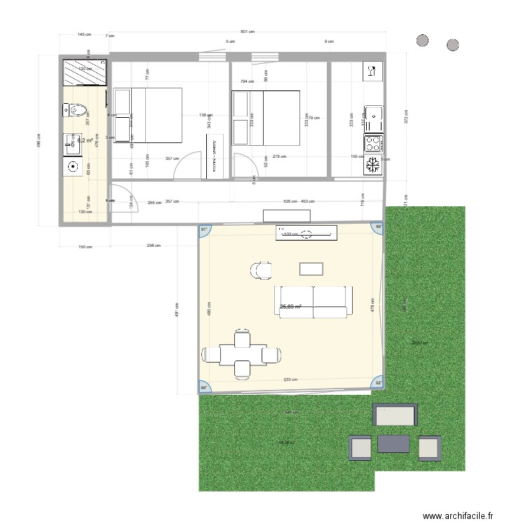 f3 violet extension sur escalier. Plan de 2 pièces et 32 m2