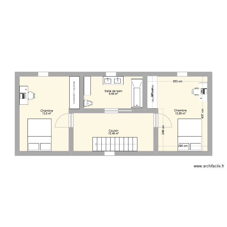 etage. Plan de 4 pièces et 45 m2