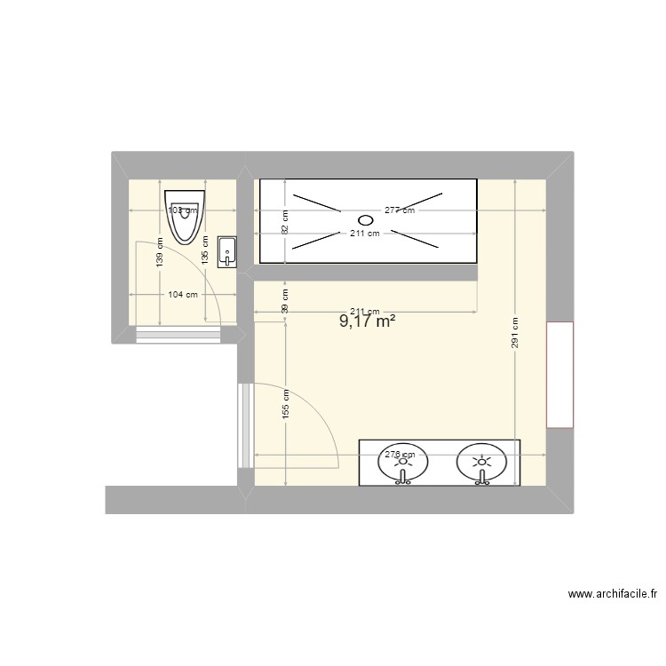 SdbA. Plan de 1 pièce et 9 m2