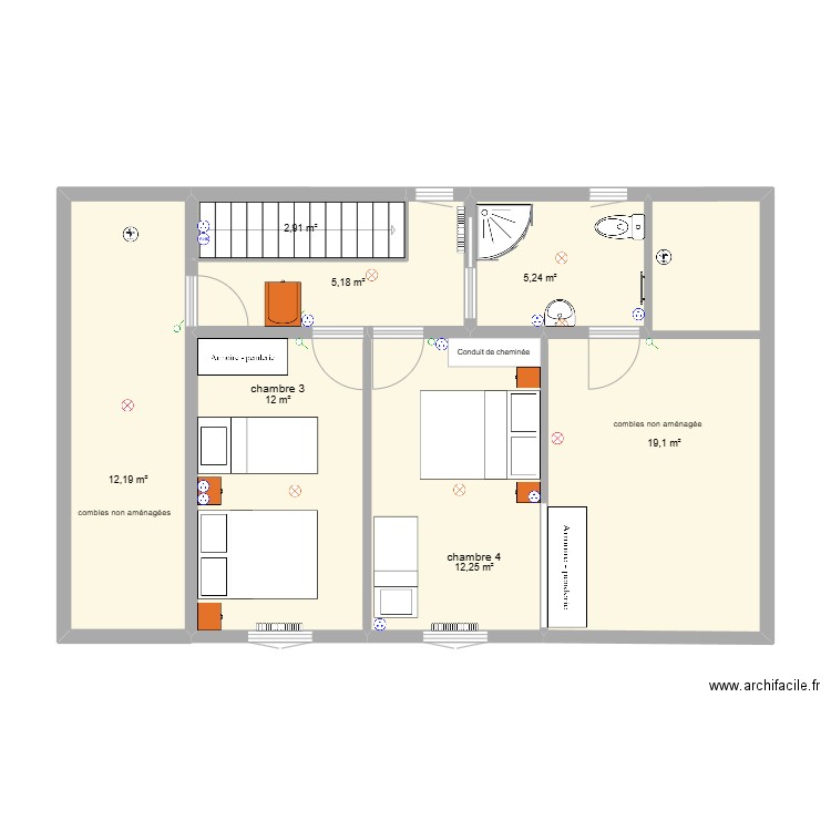 Chantelac R+2 PRUNIERES amenagement Meubles. Plan de 7 pièces et 69 m2