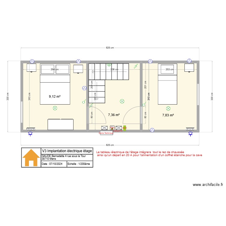 V3 Implantation électrique étage. Plan de 3 pièces et 24 m2