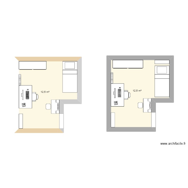 chambre. Plan de 2 pièces et 25 m2