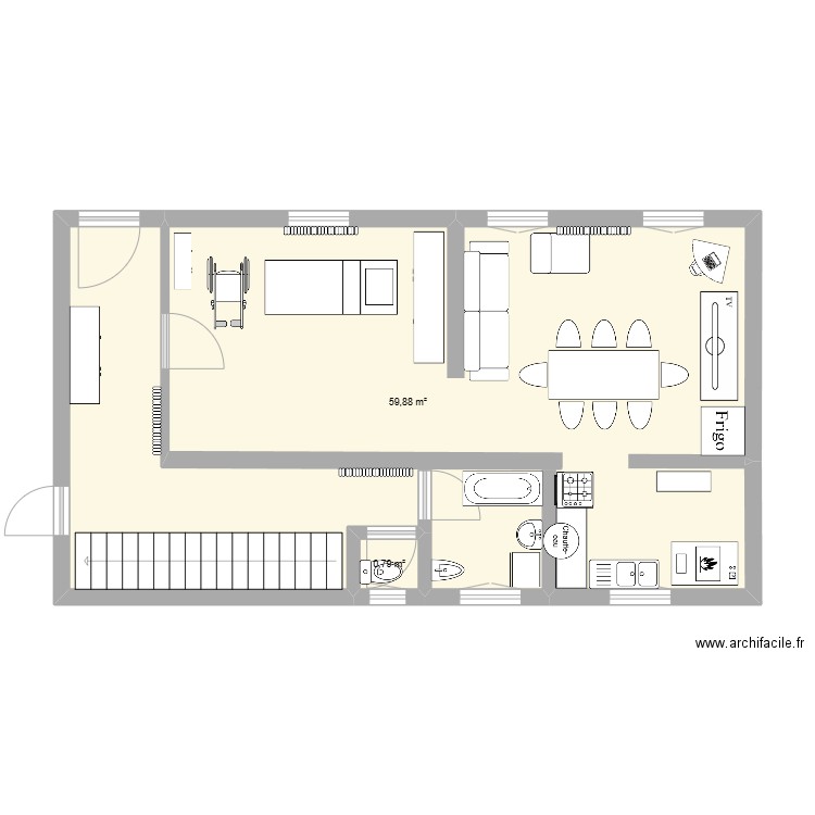 maison rdc. Plan de 2 pièces et 61 m2