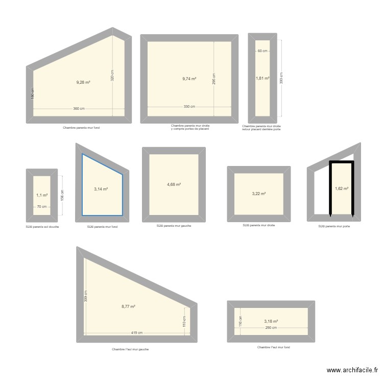 murs . Plan de 10 pièces et 47 m2