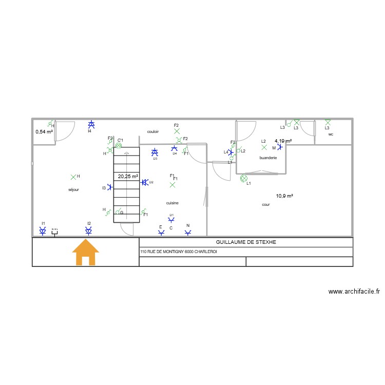 rez de chaussée. Plan de 4 pièces et 35 m2