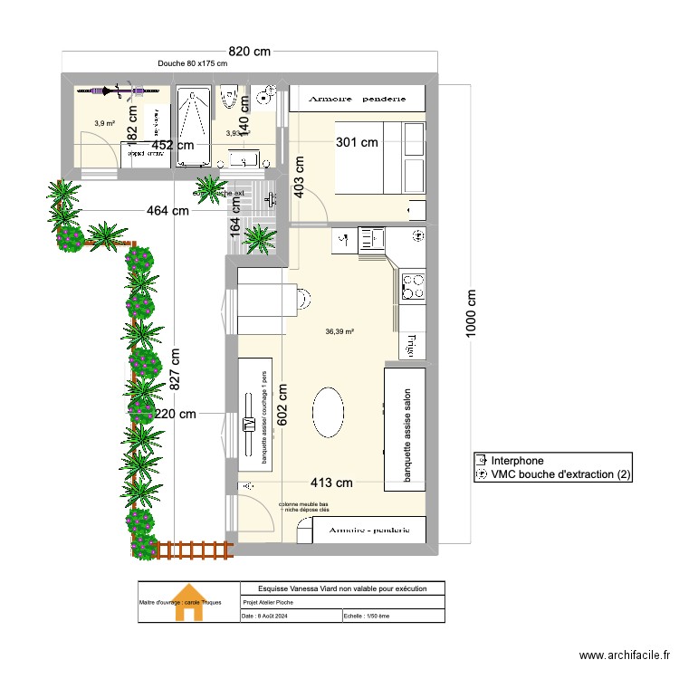 T2 Pioche . Plan de 3 pièces et 44 m2