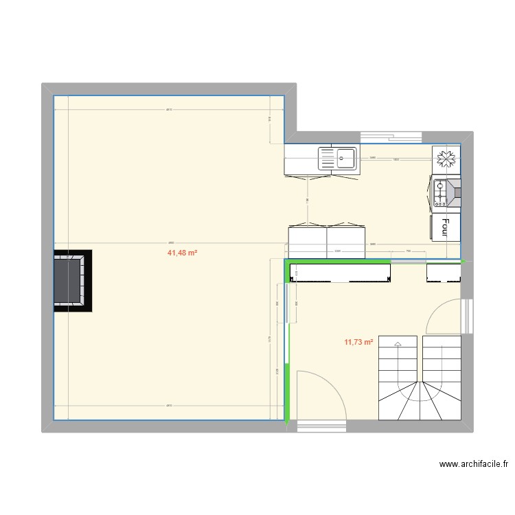 Piedalloues_RDC. Plan de 2 pièces et 53 m2