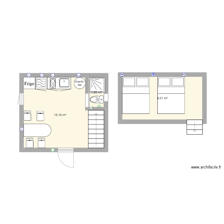 tiny bas. Plan de 3 pièces et 23 m2