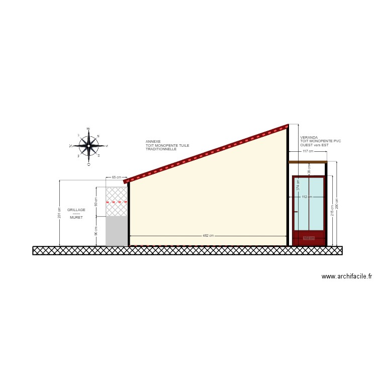 PLAN DE FACADE AVANT PORTE FENETRE. Plan de 1 pièce et 13 m2