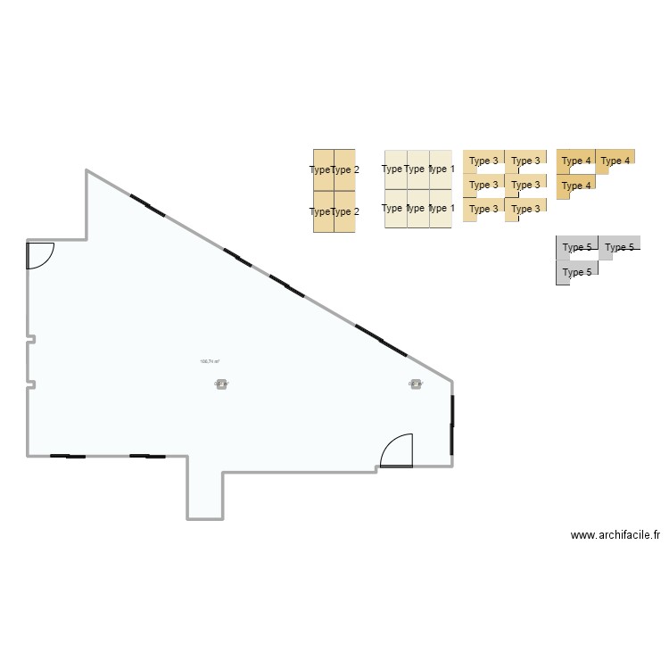 plan avec tables actuelles. Plan de 3 pièces et 107 m2