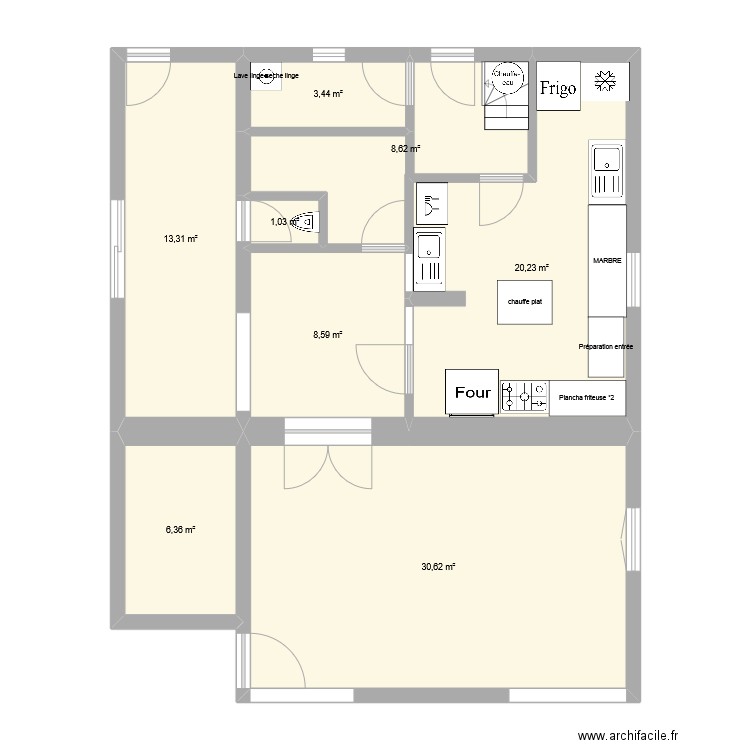 cuisine bistrot. Plan de 8 pièces et 92 m2