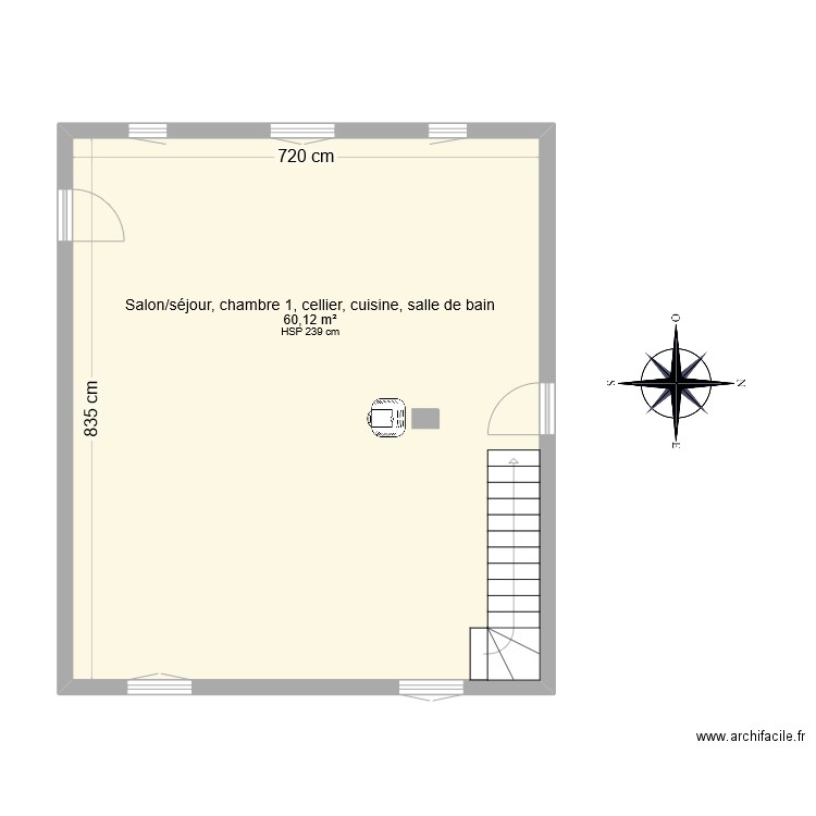 BRUNEL RDC. Plan de 1 pièce et 60 m2