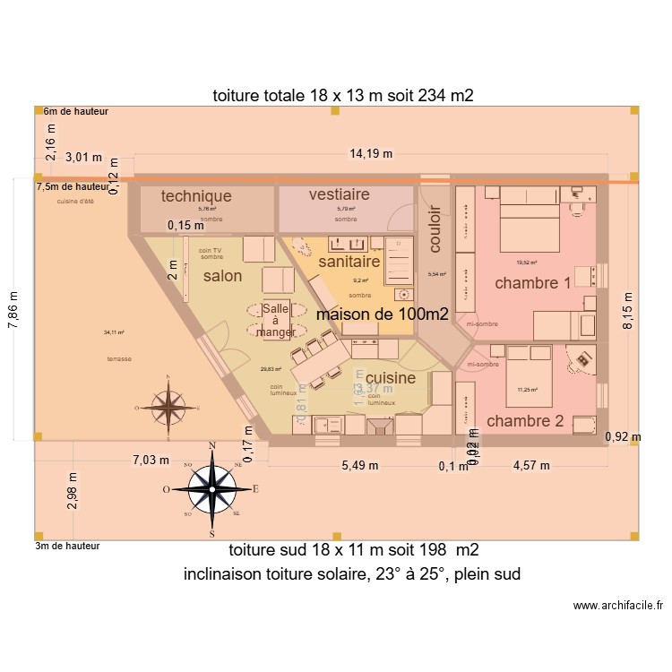 Maison sud toiture 08. Plan de 8 pièces et 121 m2