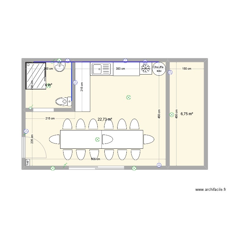 Cuisine été. Plan de 3 pièces et 33 m2