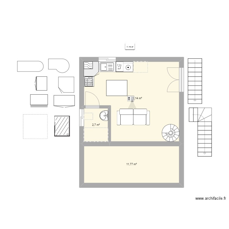 projet tiny house + bizz bizz. Plan de 3 pièces et 37 m2