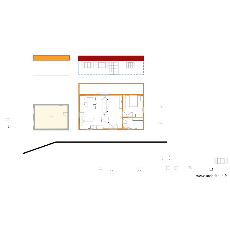 maison bois sur plots avec terrasse. Plan de 1 pièce et 23 m2