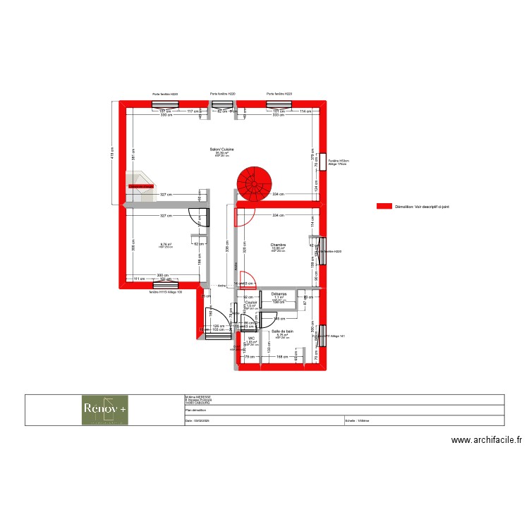 Plan démolition. Plan de 8 pièces et 65 m2