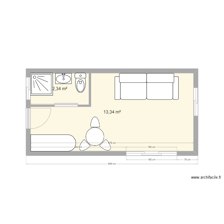 Bungalow 18m2 mod1. Plan de 2 pièces et 18 m2