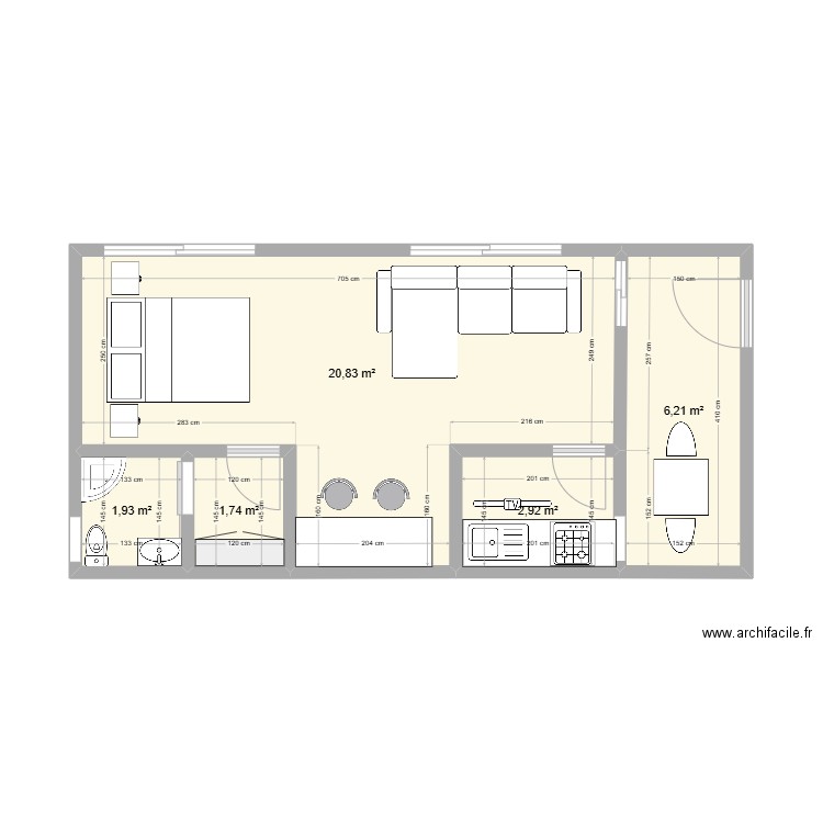 Studio Moderne 1. Plan de 5 pièces et 34 m2