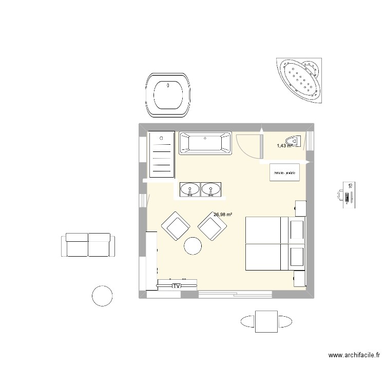 Petite ours baignoire. Plan de 2 pièces et 28 m2