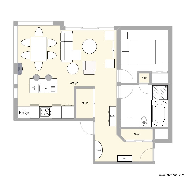 salon et salle à manger. Plan de 4 pièces et 44 m2