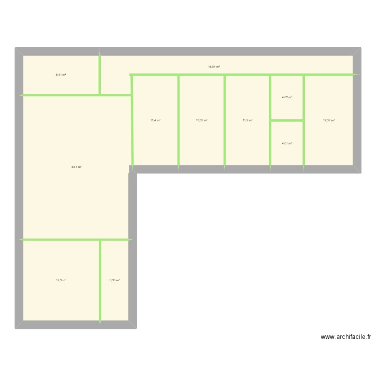 plan L. Plan de 11 pièces et 145 m2