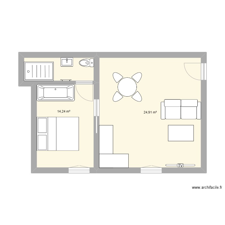 T1 bis. Plan de 2 pièces et 39 m2