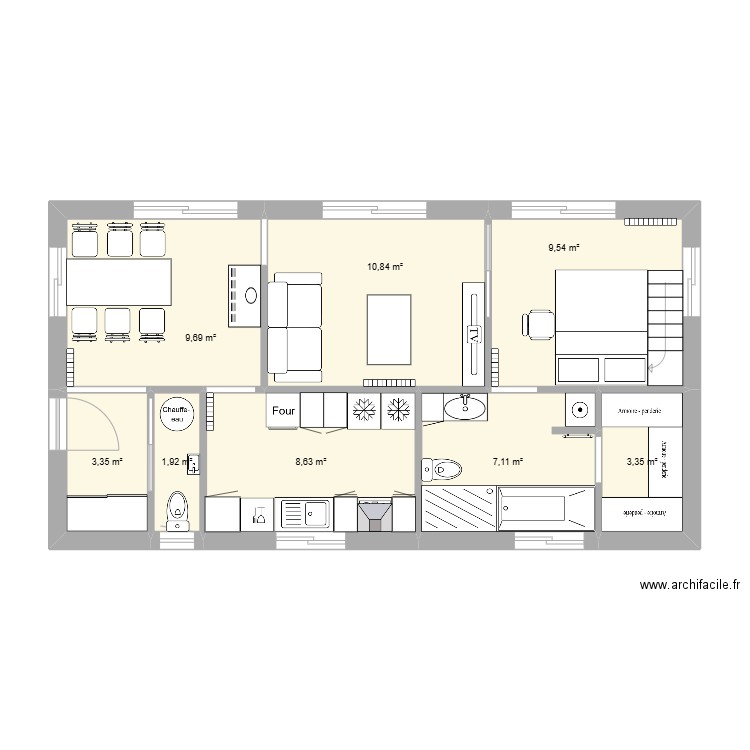 Plan Maison Cube. Plan de 8 pièces et 54 m2