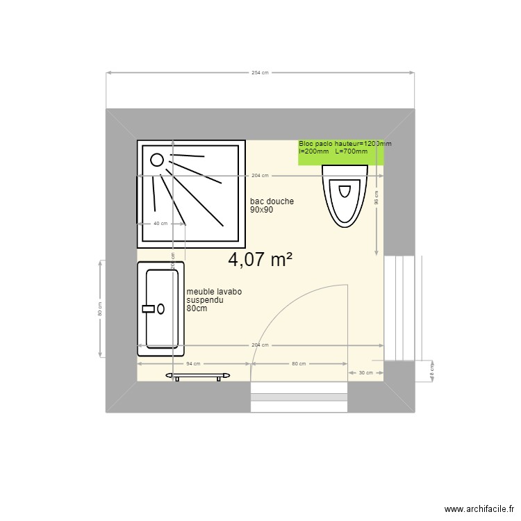 salle de douche CH Orane. Plan de 1 pièce et 4 m2