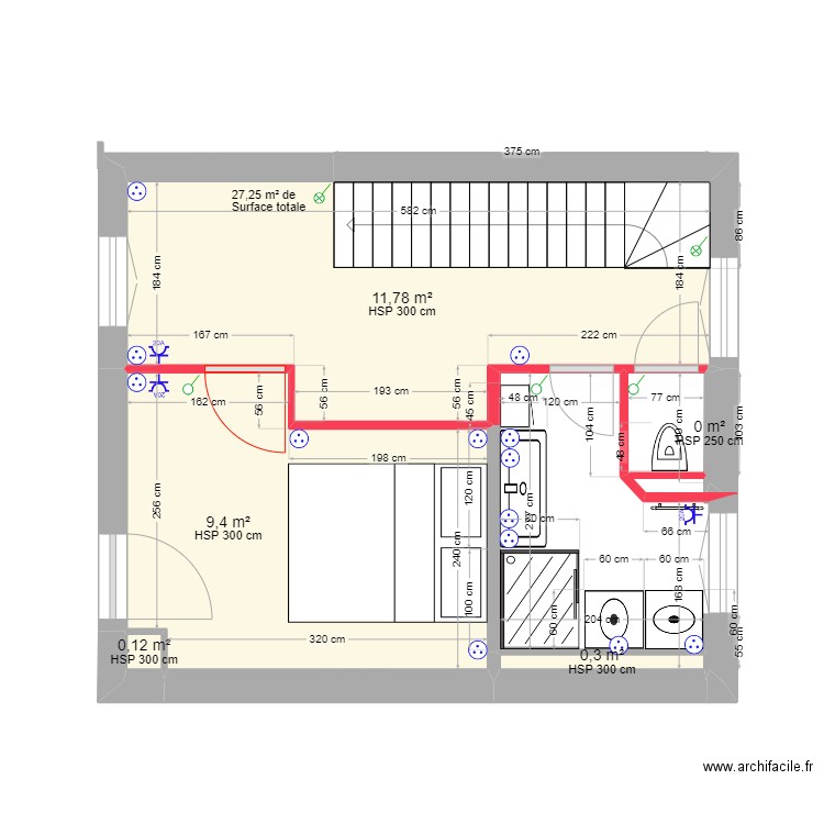 BOUSCAT R+1 Cloisons portes prises interrupteurs. Plan de 6 pièces et 26 m2