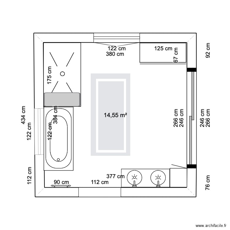 Plan agencement version 2 Salle de bain Deauville. Plan de 1 pièce et 15 m2