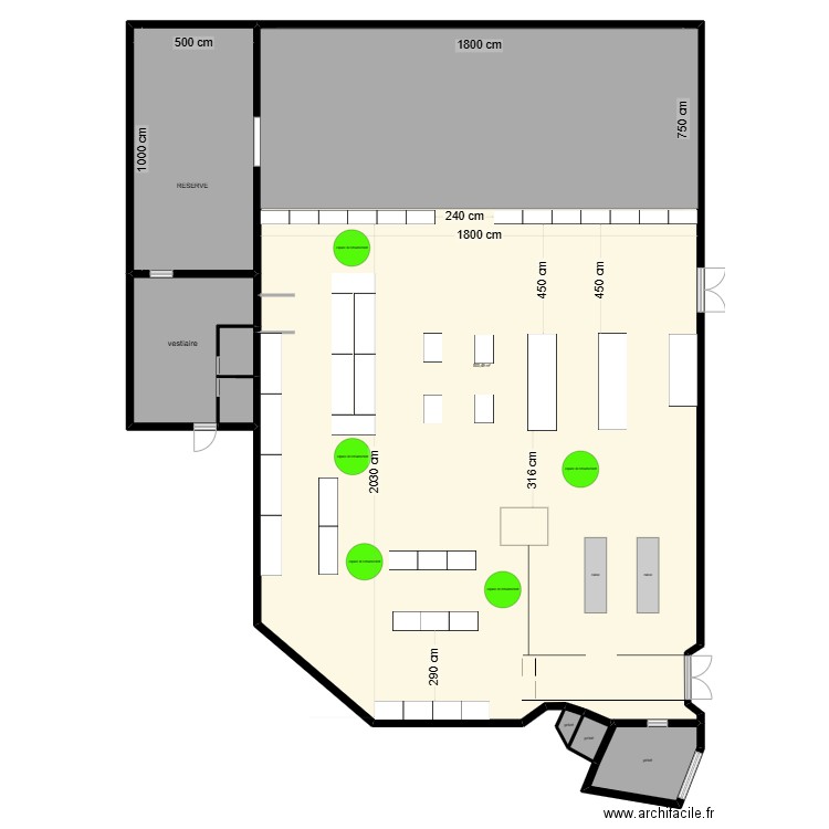 k.destock aménagé. Plan de 8 pièces et 593 m2