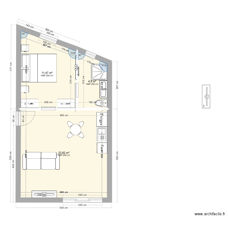 Plan Maison 40m2 avec entrée côté. Plan de 3 pièces et 40 m2