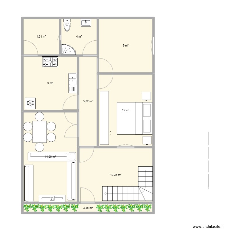 plan 1. Plan de 9 pièces et 74 m2