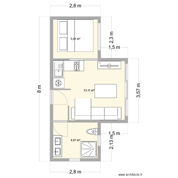 GUBA3. Plan de 3 pièces et 23 m2