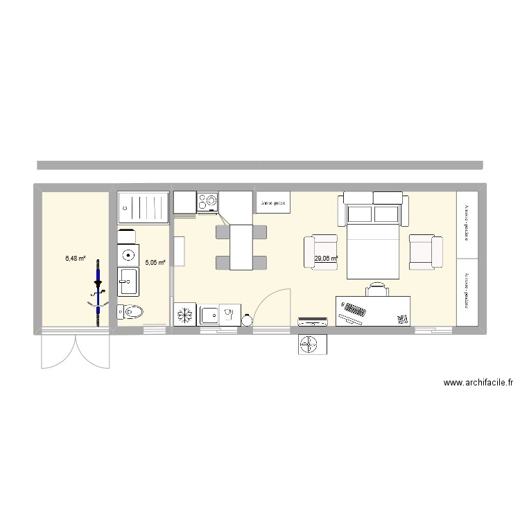 Tiny House 4m x 12m (Agricole). Plan de 3 pièces et 41 m2