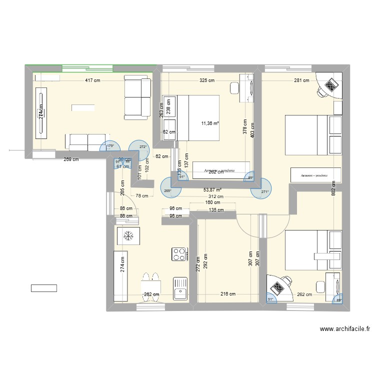 HKA. Plan de 2 pièces et 65 m2