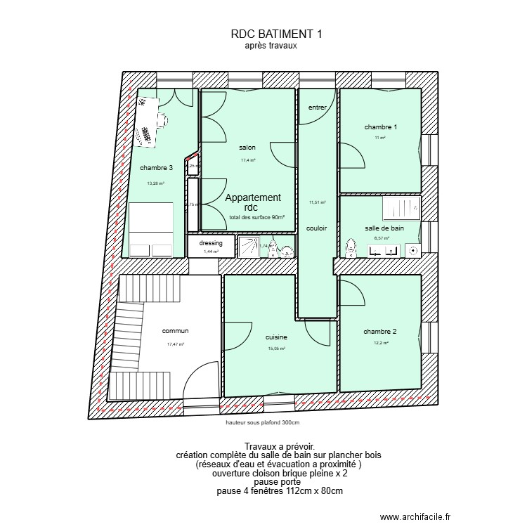 RDC Bâtiment 1 + aménagement T4. Plan de 12 pièces et 109 m2