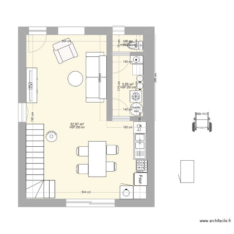 rdc 2. Plan de 3 pièces et 38 m2