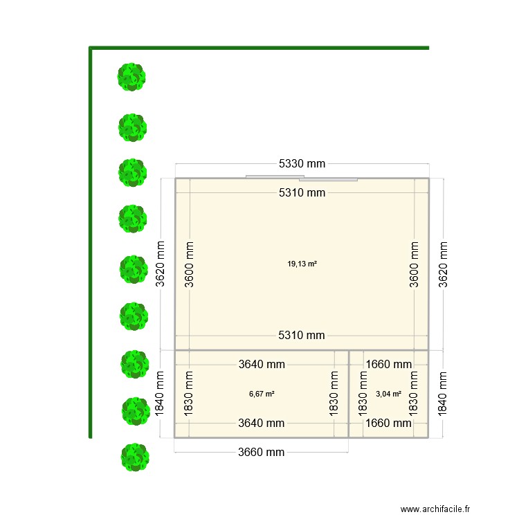 cabane+poule. Plan de 3 pièces et 29 m2