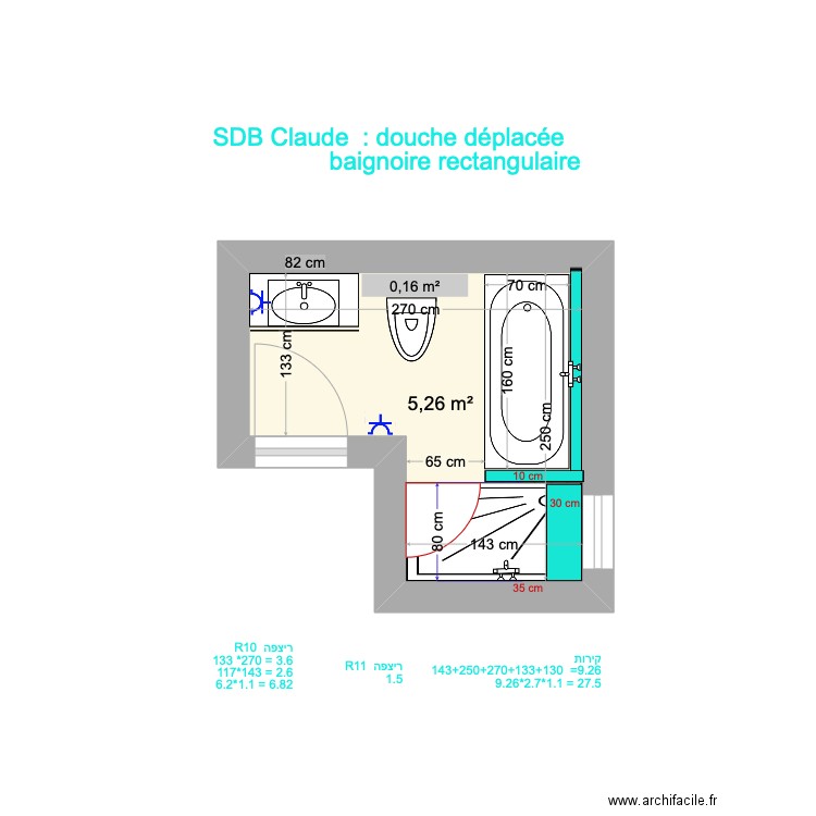 Sdb Claude ok. Plan de 1 pièce et 5 m2