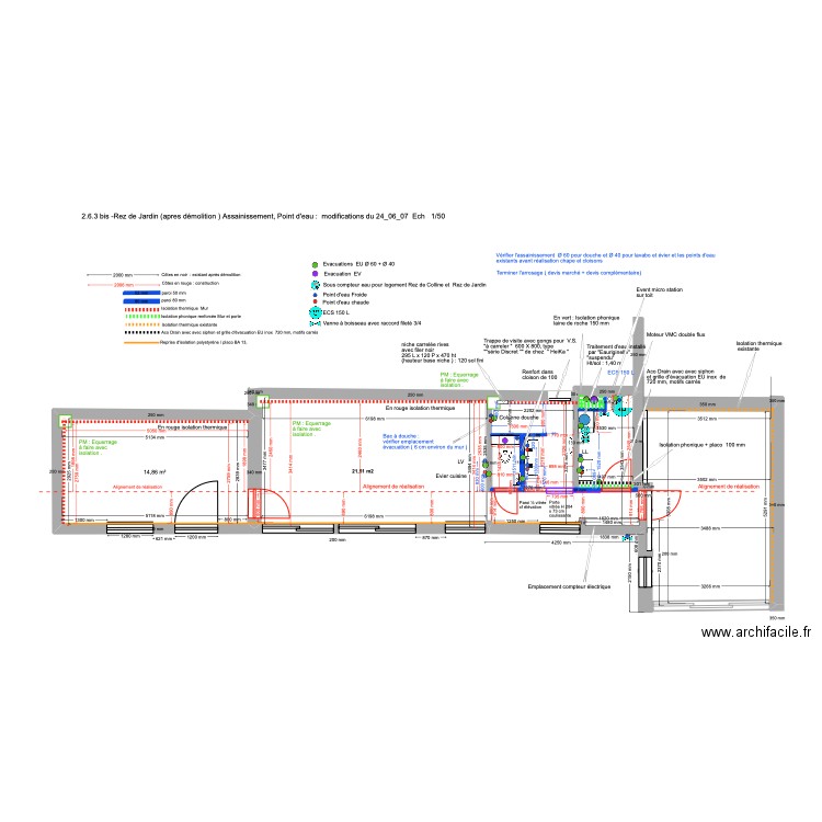 2.6.3bis-Rez de Jardin (apres démolition )Assainissement , points d'eau Modifications côtes réalisation 24_06_07. Plan de 1 pièce et 15 m2