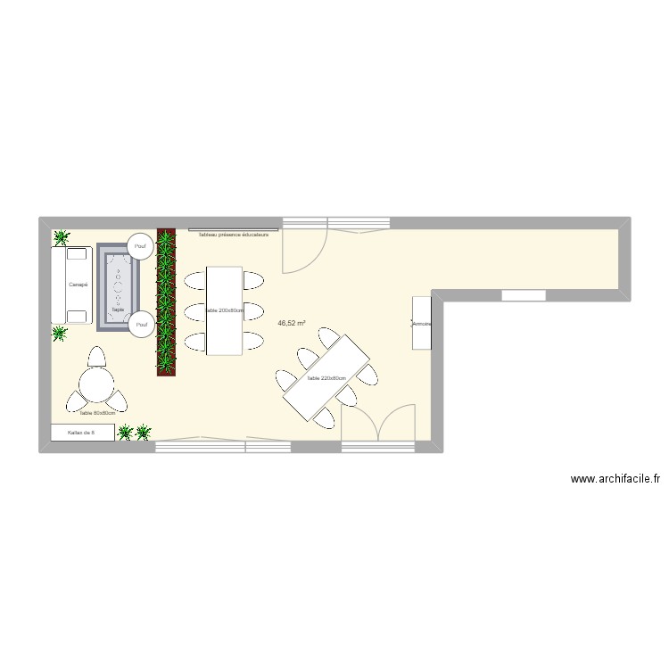 Aménagement pièce de vie. Plan de 1 pièce et 47 m2