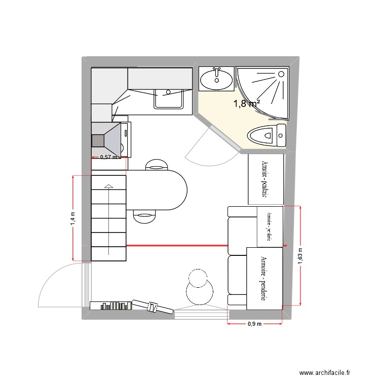 rennes final. Plan de 1 pièce et 2 m2