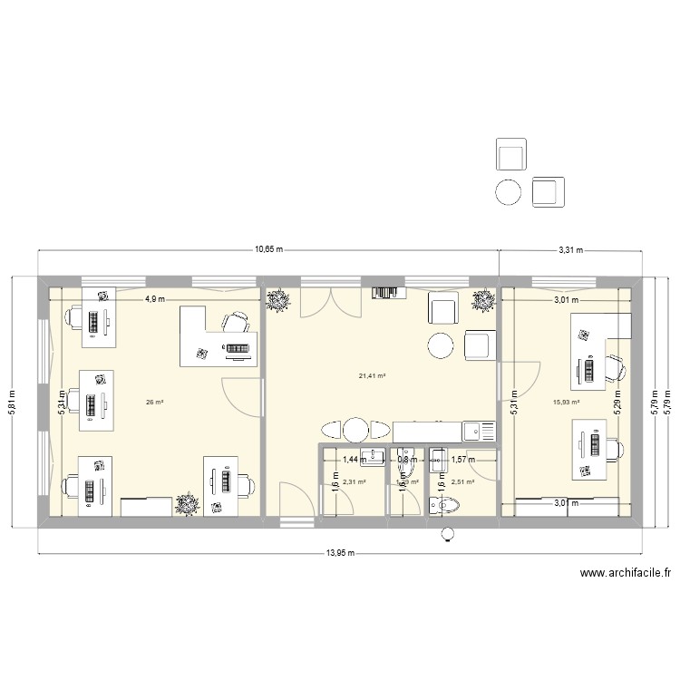 Aménagement bureau V1. Plan de 6 pièces et 69 m2